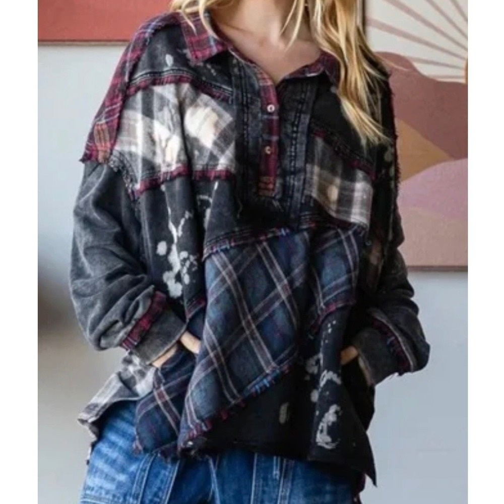 Olí & Hali Button Placket Mixed Media Patchwork Plaid Oversized Shirt, Small